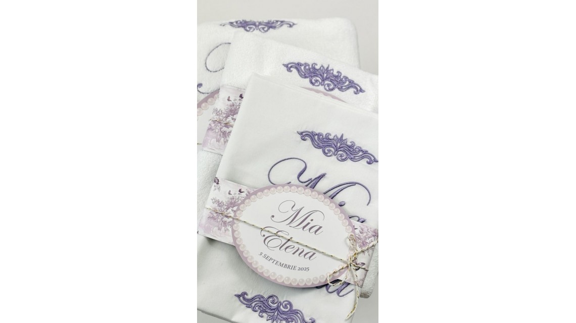 Trusou botez Purple Toile cu fluturi și flori mov personalizat 15